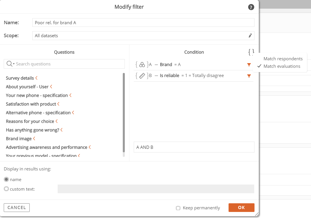 Filtering Modes For Expressions With Evaluation Sets